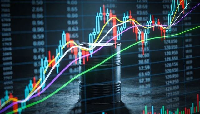 Oil barrel reflecting candlestick charts showing price volatility and trading trends