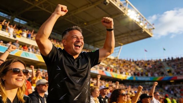 Cheering middle-aged fan raising both fists in sunlit stadium crowd celebrating victory