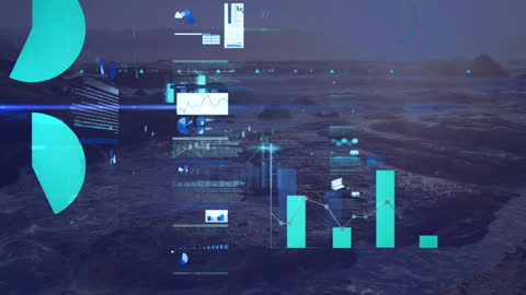 Digital visualization showcasing social media icons and graphs over an abstract landscape. Ideal for use in marketing presentations, social media strategies, and technology network demonstrations.