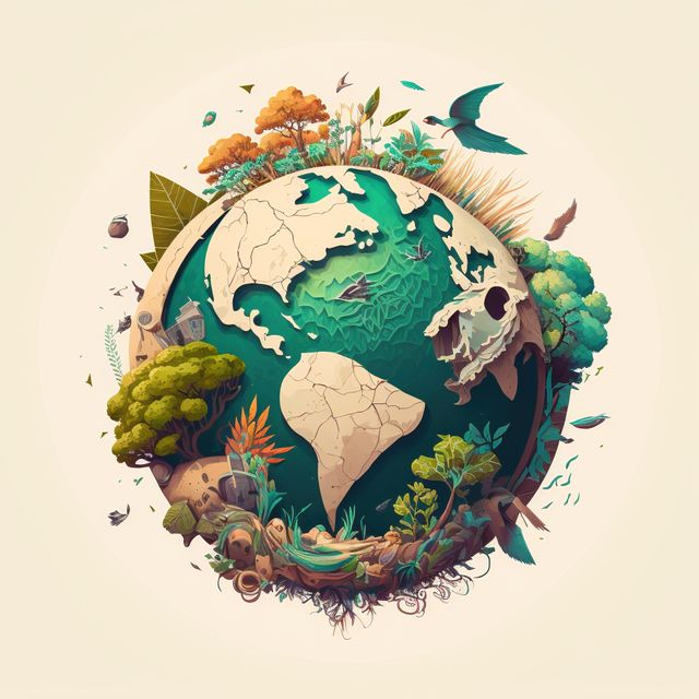 Globe with nature, plants and animals on beige background, created using generative ai technology. Earth day and ecology concept digitally generated image.
