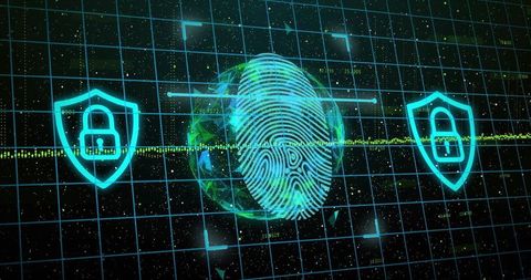 Cyan Fingerprint Over Earth in Digital Security Interface
