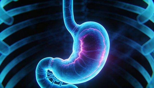 Neon glowing stomach anatomy showing rugae, neural filaments, esophagus and duodenum