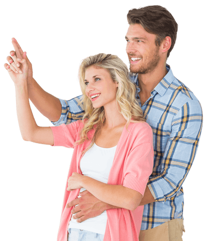 Smiling Couple Embracing and Pointing Happily Transparent Background