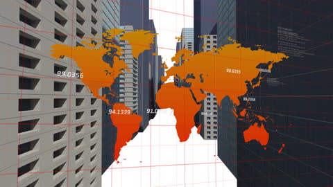Global Financial Map Overlay on Urban Skyscrapers