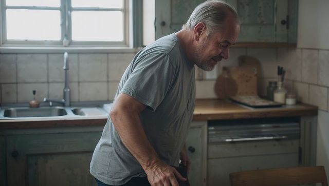 Senior man steadying with chair in rustic kitchen during soft morning light