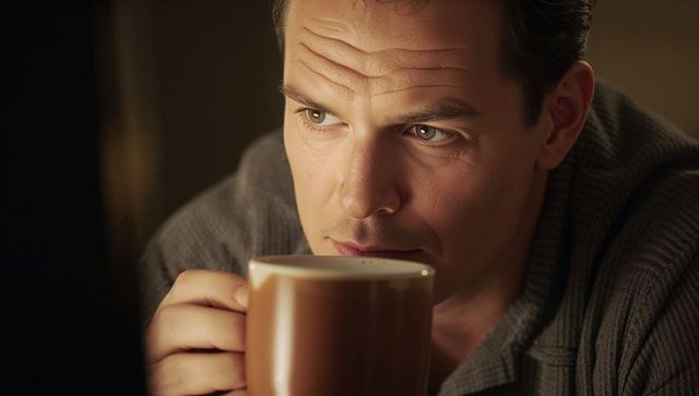 Contemplative man sipping warm coffee in cozy sweater close-up portrait with warm light