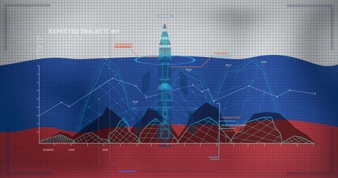 Missile trajectory over russian flag symbolizing global tensions