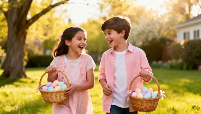 Laughing siblings carrying pastel easter baskets across sunlit suburban lawn during spring