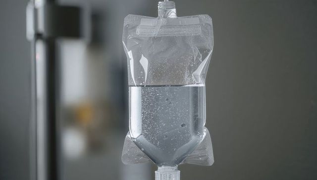Half-full iv fluid bag with tiny bubbles closeup, clinical sterile infusion on iv pole