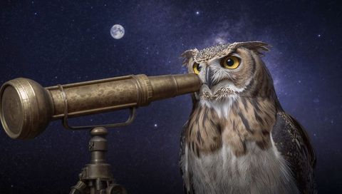 Horned owl peering through antique brass monocular under moonlit starfield