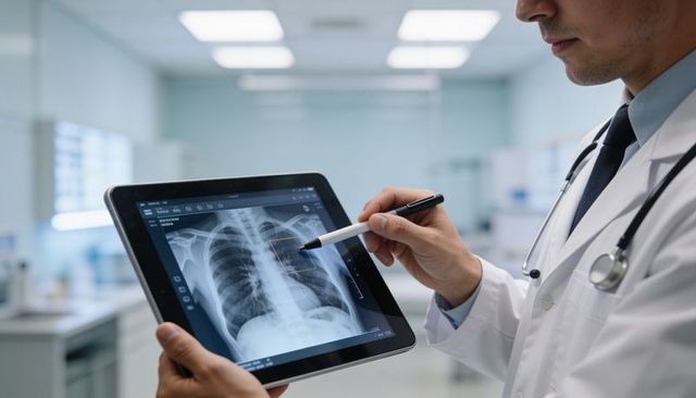 Physician marking chest x-ray on tablet with stylus, digital radiology workflow in modern clinic