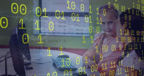 girls learning coding with binary data overlay in classroom - Download Free Stock Images Pikwizard.com