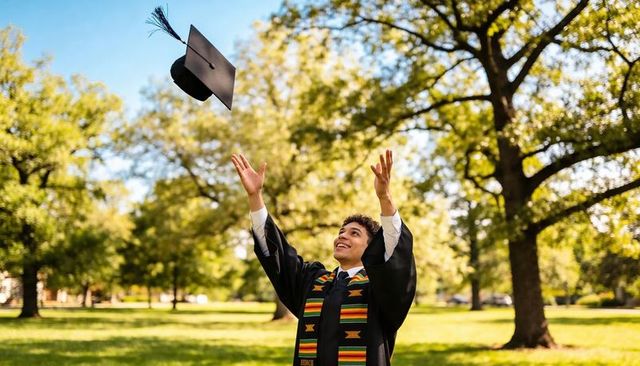 Graduate wearing kente stole celebrating graduation tossing mortarboard on campus lawn
