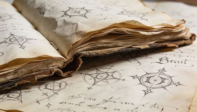 Worn leather grimoire with handwritten sigils and calligraphy on aged parchment