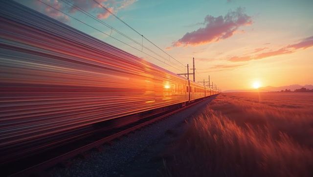 High-speed passenger train racing through sunset field