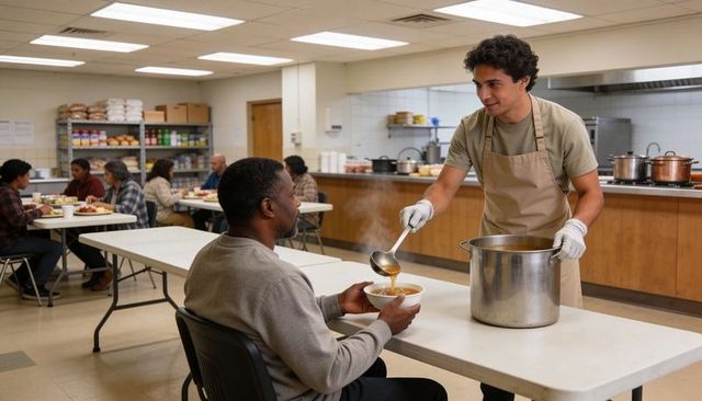 Volunteer serving hot soup in community kitchen ladling warm meals for guests and neighbors