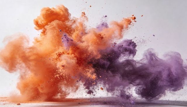 Bursting orange and purple pigment clouds billowing across pale studio backdrop, dynamic