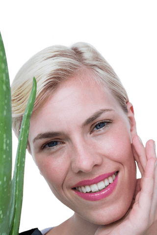 Attractive woman smiling holding aloe vera on transparent background