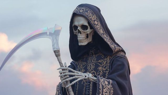 Grim reaper in ornate robe with iridescent scythe