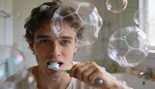 Young man brushing teeth while playful soap bubbles floating around bathroom mirror and sink