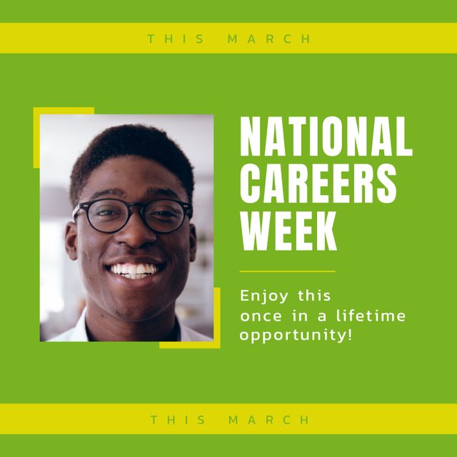 Composition of national careers week text over happy african american man. National careers week, career and employment concept digitally generated image.
