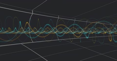 Oscillating neon waveforms traversing virtual grid tunnel with teal cyan and gold trails