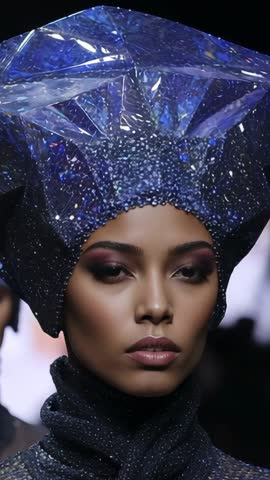 Vertical runway video striding model wearing iridescent cosmic headpiece with shifting lights