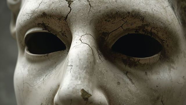 Weathered plaster mask showing cracks, flaking surface and hollow eyes close-up