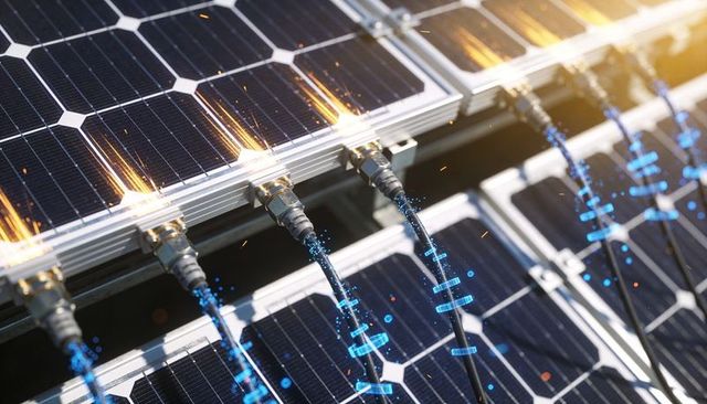 Close-up Solar Panel Connectors Sparking with Data Glow Conveying Smart Energy Flow