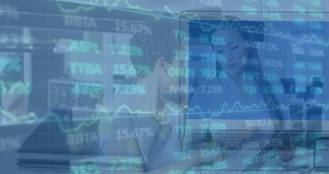 Stock Market Data Overlay with Business Meeting in Office