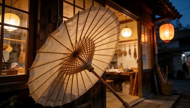 Traditional wagasa leaning outside wooden workshop with lanterns glowing at dusk