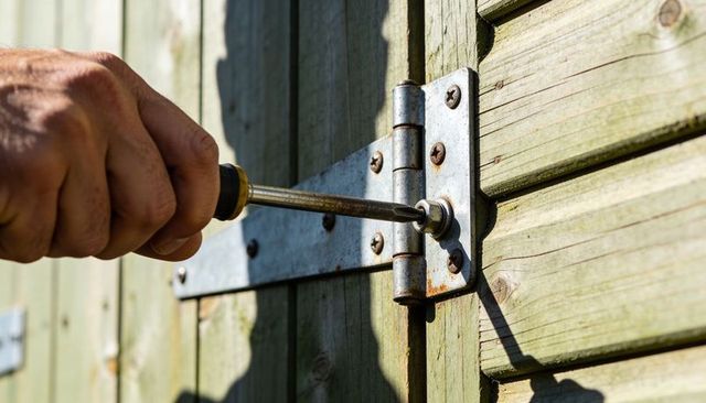 Right hand tightening rusty hinge screw on sunlit green wooden shed door closeup