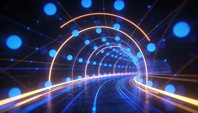 Glowing neon tunnel with amber arches and floating blue orbs creating futuristic motion