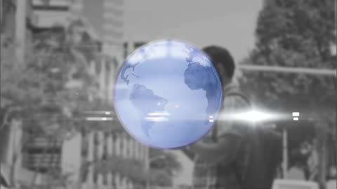 Futuristic Digital Globe Overlay in Urban Business Environment