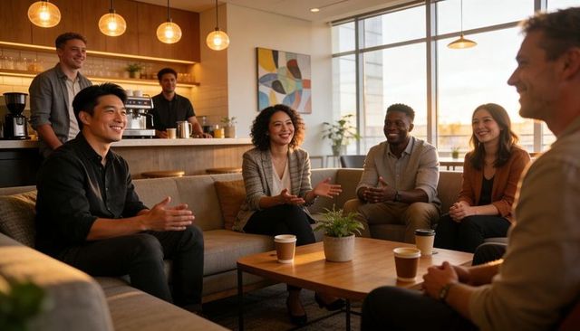 Diverse team collaborating in modern office lounge during sunset casual brainstorming session