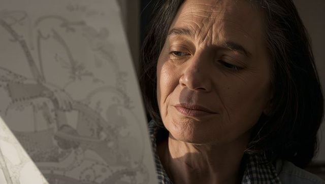 Mature woman examining large printed blueprint in warm light closeup portrait