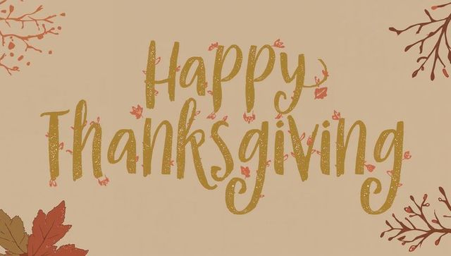 Hand-lettered happy thanksgiving greeting celebrating autumn leaves, gold script, rustic charm