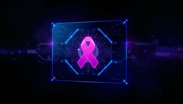 Futuristic Neon Pink Ribbon in Holographic Digital Interface