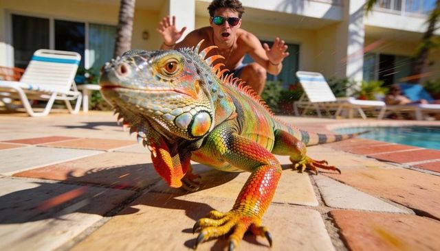 Colorful iguana crossing resort pool deck with surprised man in sunglasses reacting