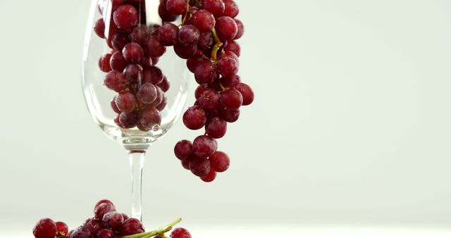 Fresh red grapes are spilling out of a transparent wine glass against a light background. The grapes are ripe and glistening, indicating freshness. This setup works well for concepts related to healthy eating, vegetarian lifestyle, refreshing snacks, or wine and grape-related themes. Perfect for culinary blogs, health food advertising, or wine-related content.