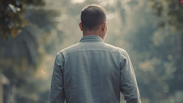 Man walking away on misty tree-lined path, back view, contemplative solitude