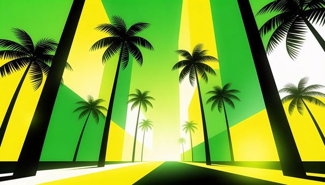 Futuristic sunlit geometric palm boulevard with green yellow gradient perspective