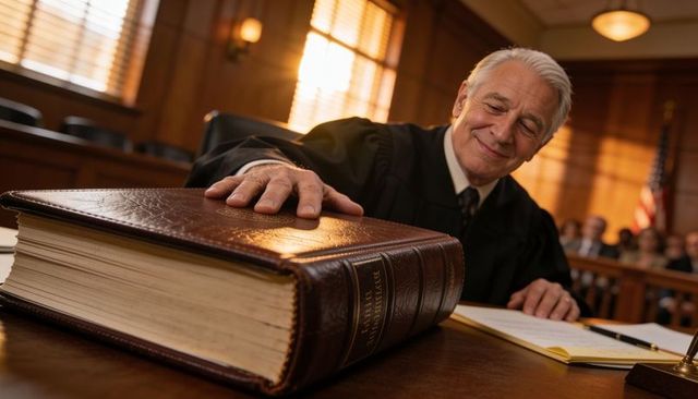Senior judge placing hand on leather law book in wood-paneled courtroom conveying authority