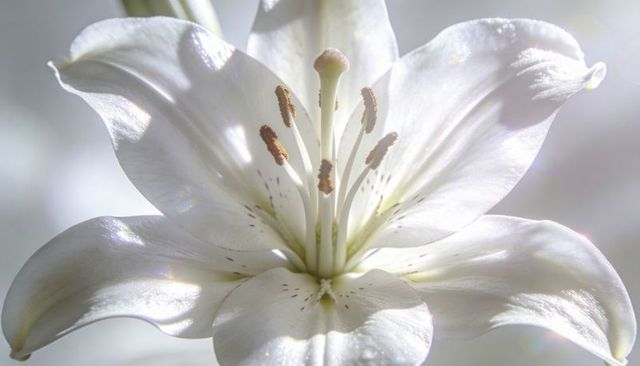 Backlit white lily macro showing delicate pistil and golden pollen on translucent petals