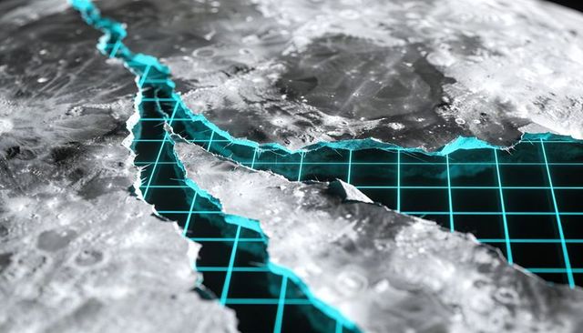 Tectonic lunar cracks tearing surface revealing neon cyan wireframe grid beneath