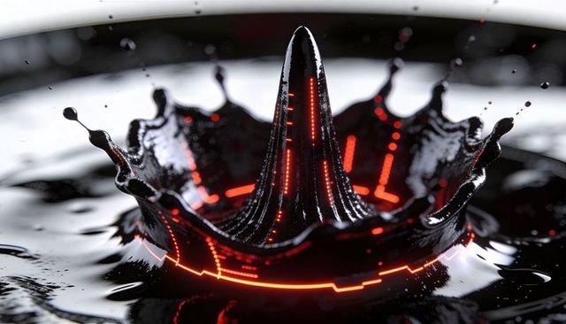 Glossy black liquid crown splash with red circuit light traces, futuristic macro studio