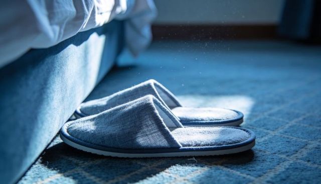 Sunlit blue slippers resting beside bed on patterned carpet with floating dust