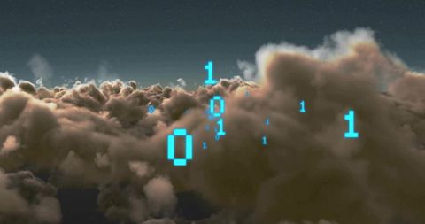 Futuristic cloud computing showing glowing binary digits floating above rim-lit clouds