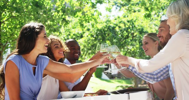 Smiling Friends Toasting Drinks at Outdoor Garden Party - Download Free Stock Images Pikwizard.com