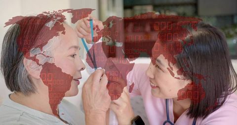 Homecare nurse measuring older adult with world map health data overlay